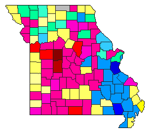 1992 Missouri County Map of Democratic Primary Election Results for Secretary of State