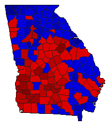 1992 Georgia County Map of Open Runoff Election Results for Senator